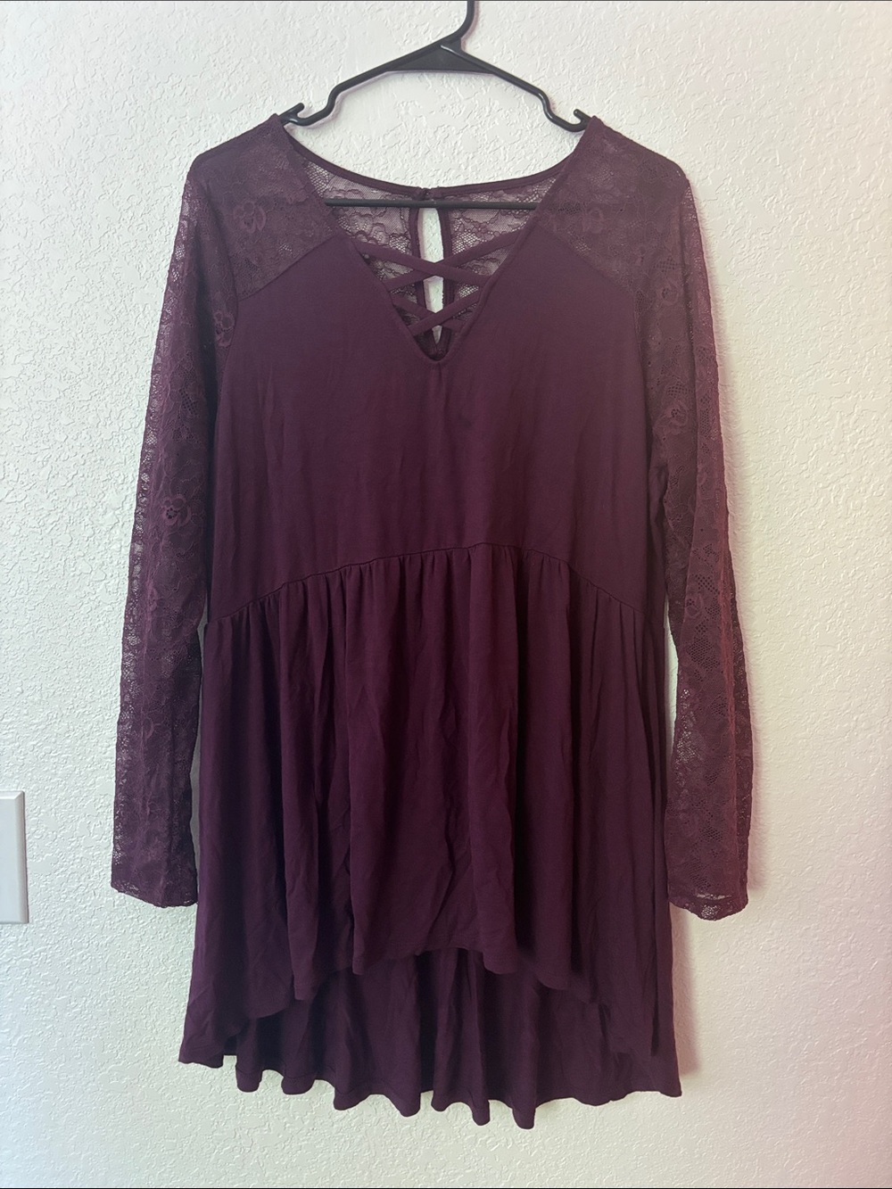 torrid Plum Lace-Sleeve Crisscross V-Neck Tunic Dress